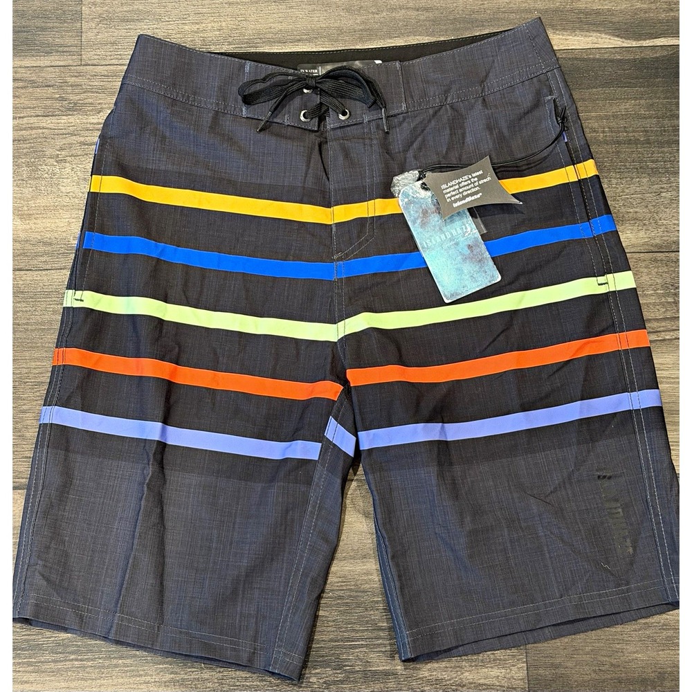 Islandhaze Mens S Striped Board Shorts Black Multicolor Swim Bottoms Regular